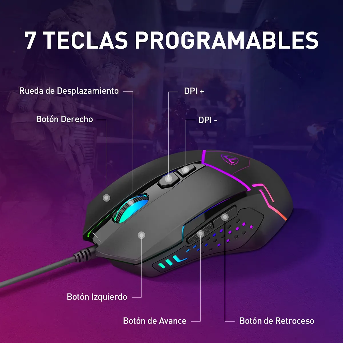 Mouse Con Botones Programables Mouse Gamer RGB Programable 7200 DPI, 7 Botones, Negro - Precisión y ...