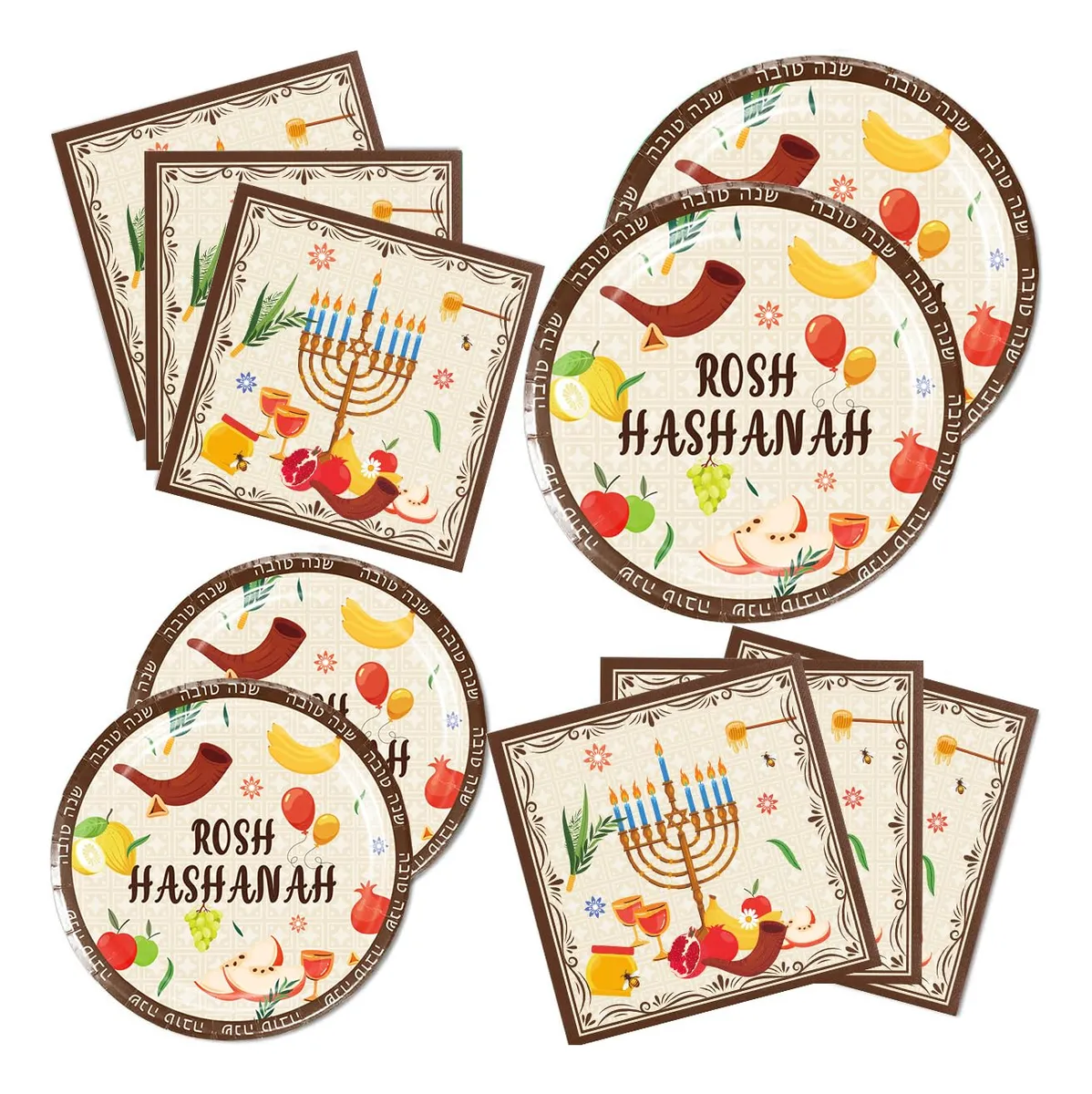 Set 48 Piezas Suministros Fiesta Rosh Hashanah: 24 Platos y 24 Servilletas Temáticas - Vajilla Desechable Celebración Judía
