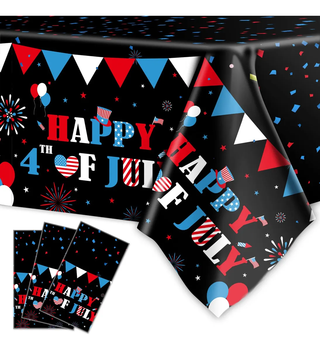 3 Manteles Desechables para Fiesta 4 de Julio - Plástico Resistente - Decoración Patriótica Americana - Color Rojo, Blanco y Azul con Diseño Temático