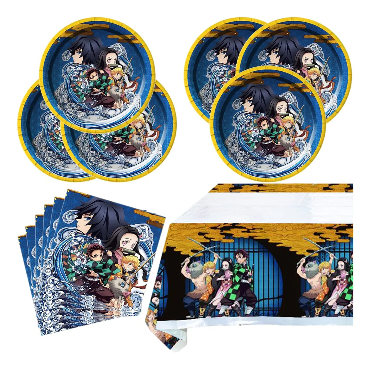 Juego Completo 41 Piezas Mesa Fiesta Demon Slayer: Vajilla Decoración Temática, Platos, Vasos, Servilletas, Globos para Celebraciones Infantiles
