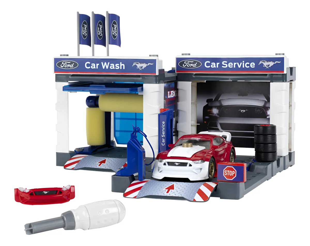 Estación de Servicio Multicolor para Niños con Coche Ford Mustang 2019 - Juego de Rol Educativo y Divertido - Ideal para Desarrollar la Imaginación y Habilidades Motoras