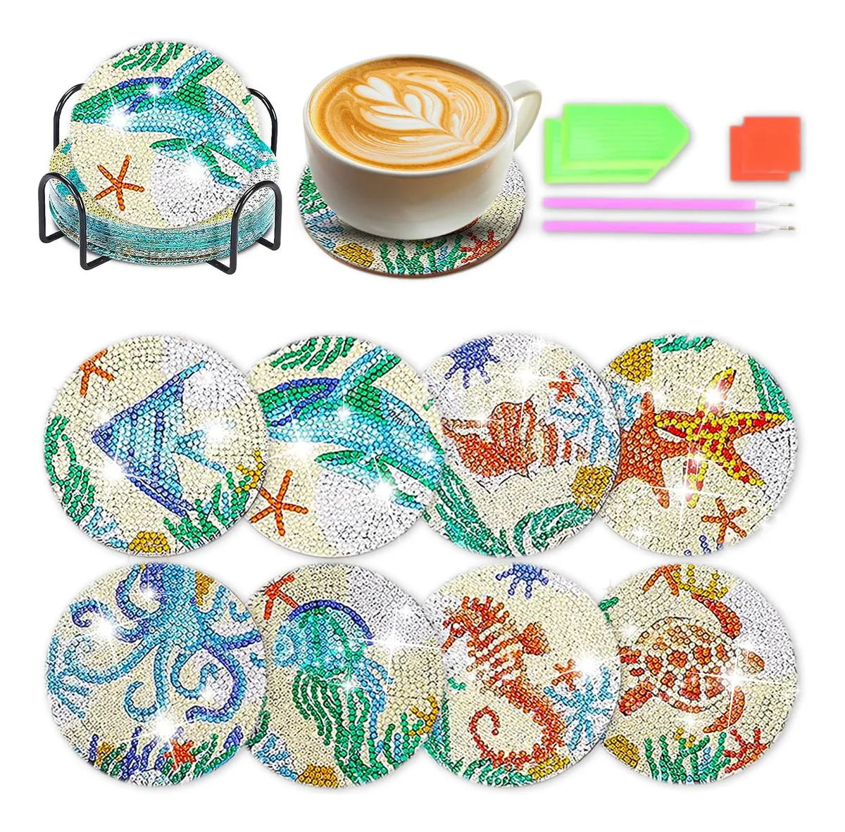 8 Posavasos Decorativos de Pintura de Diamantes con Soporte - Kits DIY de Arte y Manualidades para Regalo y Decoración del Hogar
