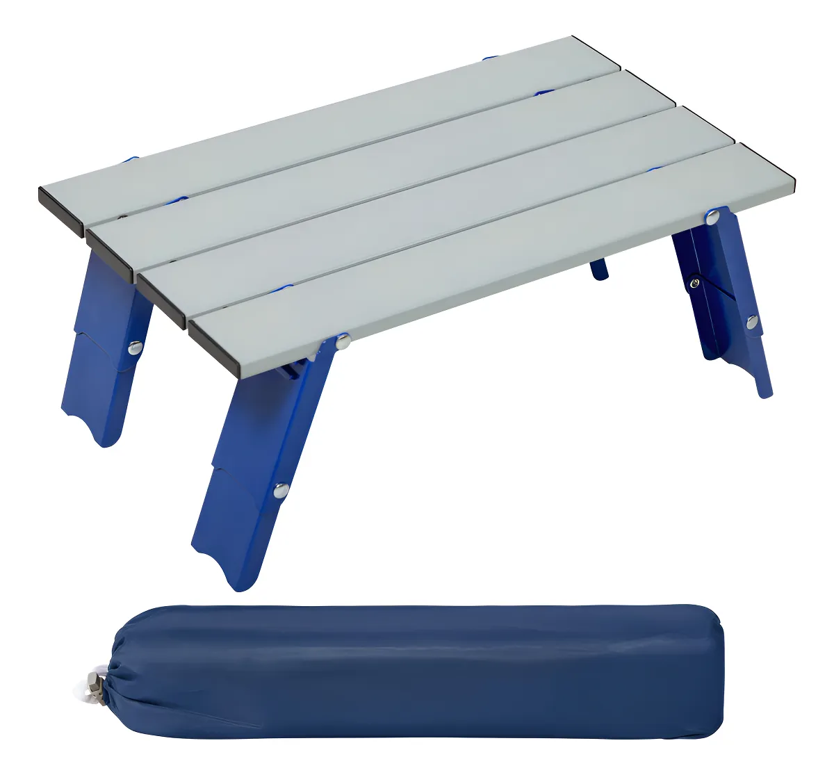 Mesa de Camping Plegable Compacta para Exteriores - Ligera y Resistente - Ideal para Acampada, Picnic y Hogar - Diseño Plateado con Detalles Azules