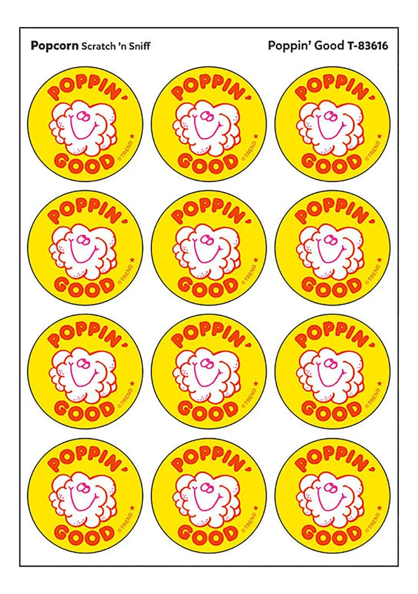 Pegatinas "Poppin Good Popcorn" Retro Estilo Años 80: Pack 24 Diseños Únicos para Decoración Personalizada y Festividades Vintage | Vinilo Resistente