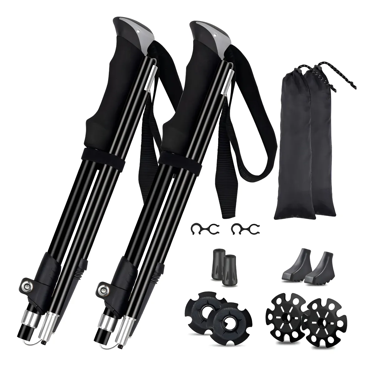 Bastones de Senderismo Plegables para Trekking y Montaña - Pack 2 Unidades en Aluminio Negro Ligero y Resistente | Perfectos para Caminatas y Excursiones Seguras