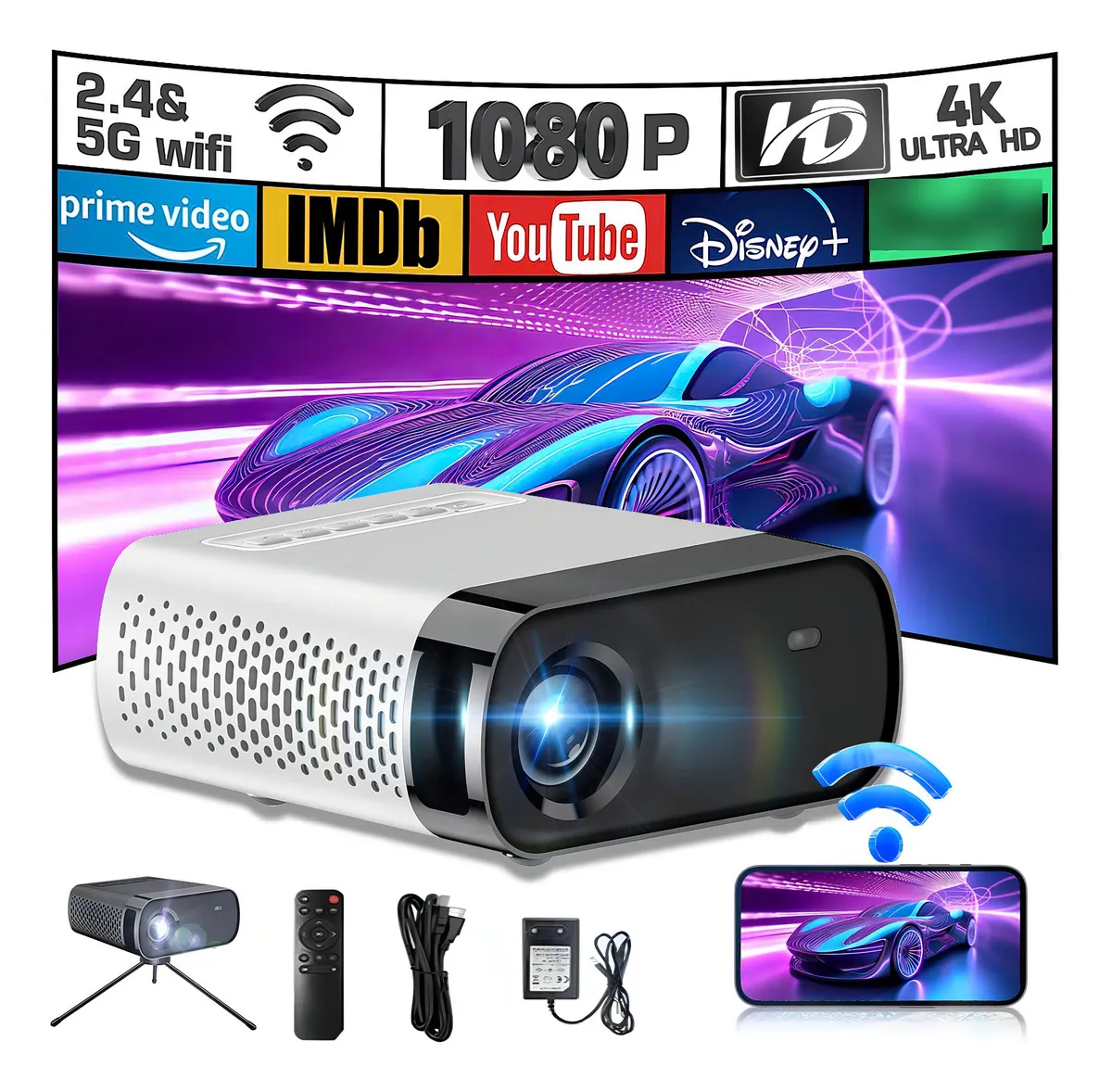 Mini Proyector Portátil WiFi Bluetooth Full HD 1080p - Disfruta de Cine en Casa y Movilidad sin Cables, Ideal para Presentaciones y Entretenimiento Versátil