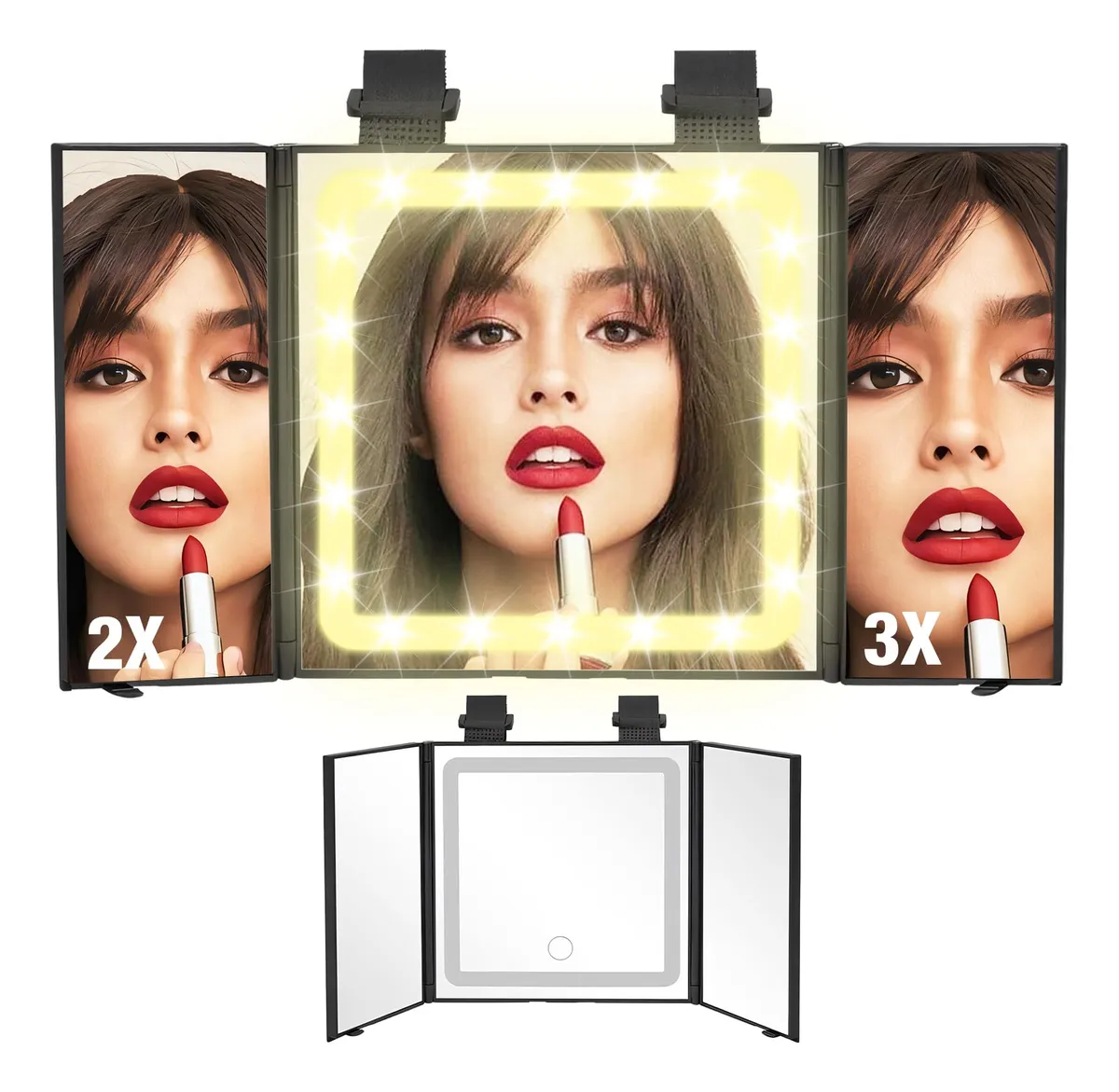 Espejo de Vanidad Plegable para Coche con 60 LEDs y Marco de Color: Iluminación Perfecta para tu Maquillaje y Cuidado Personal en Movimiento