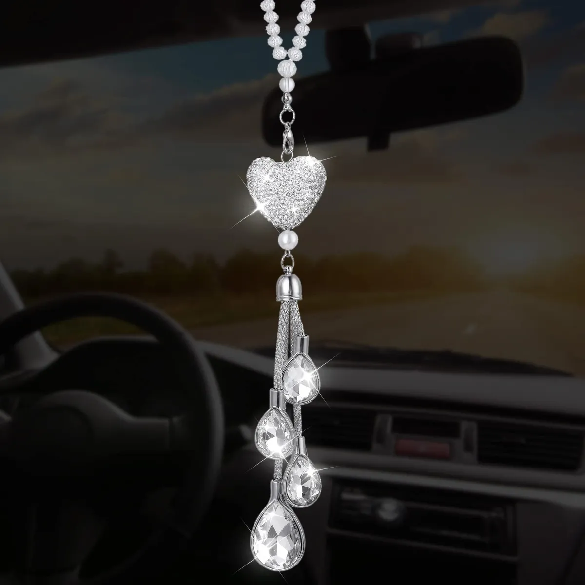 Colgante Corazón Diamantes Espejo Retrovisor Coche Lujo Elegante Decoración Interior Accesorio Regalo Único