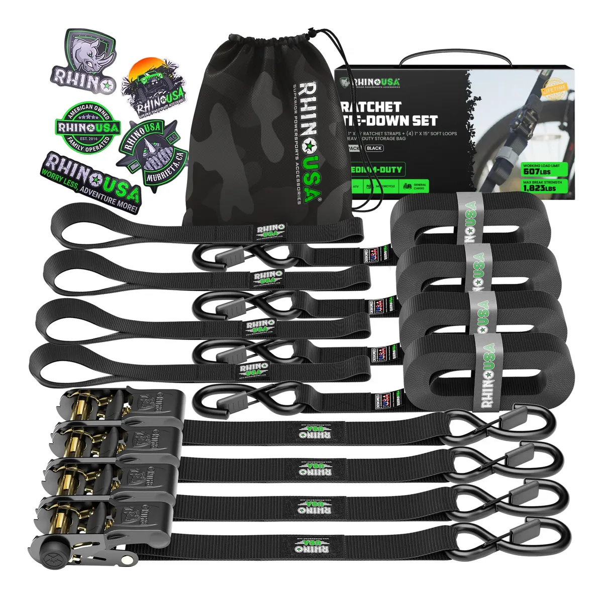 Pack 4 Correas de Carraca 2.5cm x 4.6m Carga 800 Kg Negro - Sujeción Segura y Fiable para Carga Pesada