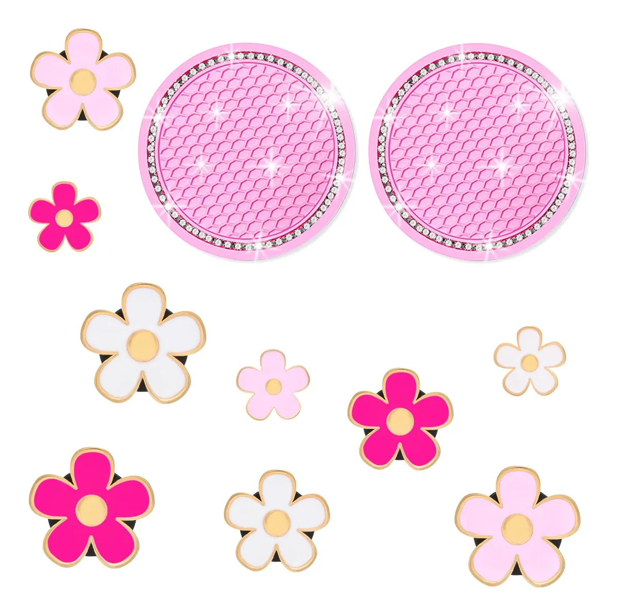 11 Piezas Set Decoración Coche Margaritas: Posavasos y Pétalos Florales Personalizables - Dale un Toque Único y Divertido a tu Interior de Automóvil