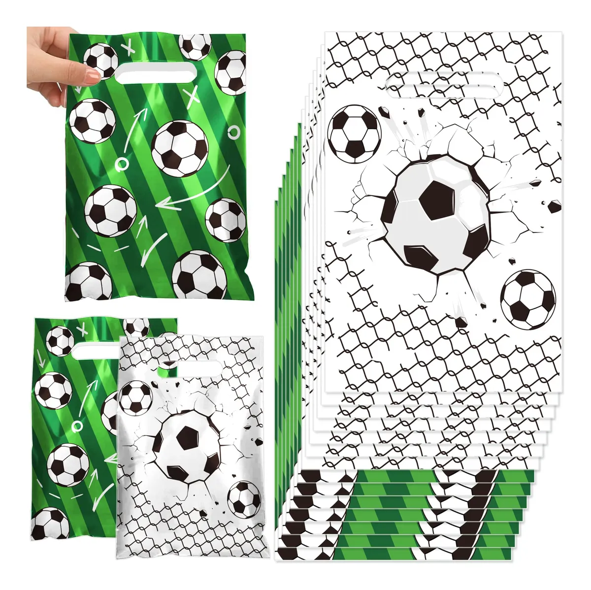 Pack 50 Bolsas de Regalo Plástico Verde para Fiestas Temáticas de Fútbol - Ideales para Sorprender a Invitados - Tamaño Universal para Dulces y Recuerdos - Diseño Deportivo Práctico y Divertido