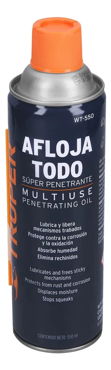 Aceite Aflojatodo Truper WT-550 550 ML: Solución Rápida para Metal Corroído, Desmontaje Fácil de Piezas Oxidadas y Lubricación Eficaz de Mecanismos