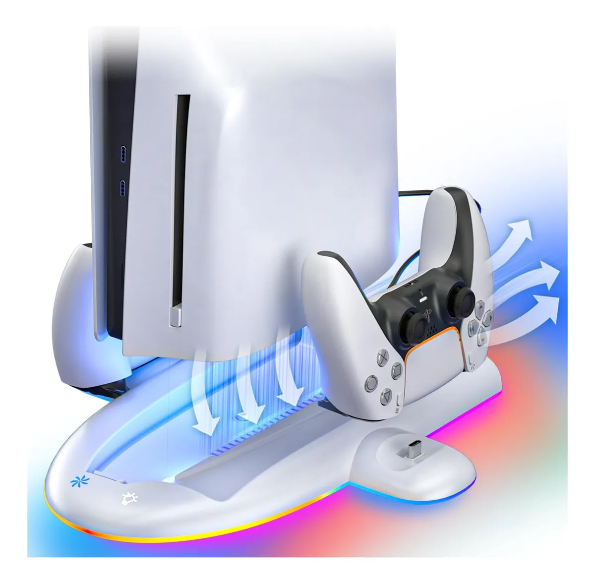 Soporte Refrigeración PS5 Slim con Cargador Integrado, Luces RGB, Blanco Elegante - Base Enfriadora Multifuncional para tu Consola
