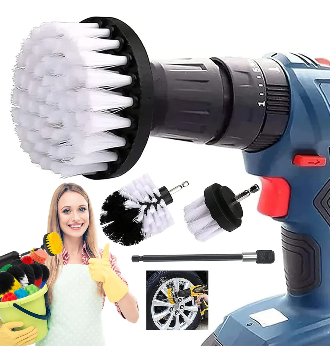 4 Cepillos Eléctricos para Limpieza Profunda de Auto y Hogar | Kit de 3 Piezas | Blanco | Accesorios para Taladro | Multiusos y Duraderos