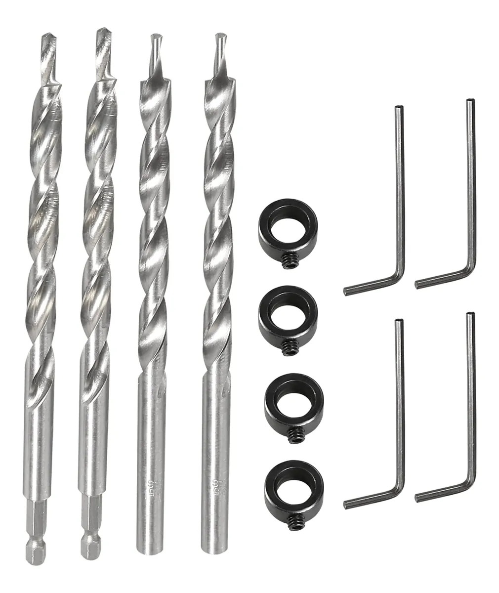 4 Brocas para Agujeros de Bolsillo 9.5mm Vástago Hexagonal 6.35mm, Taladro Carpintería Madera, Guía Ajustable Precisa, Kit Herramientas Hogar