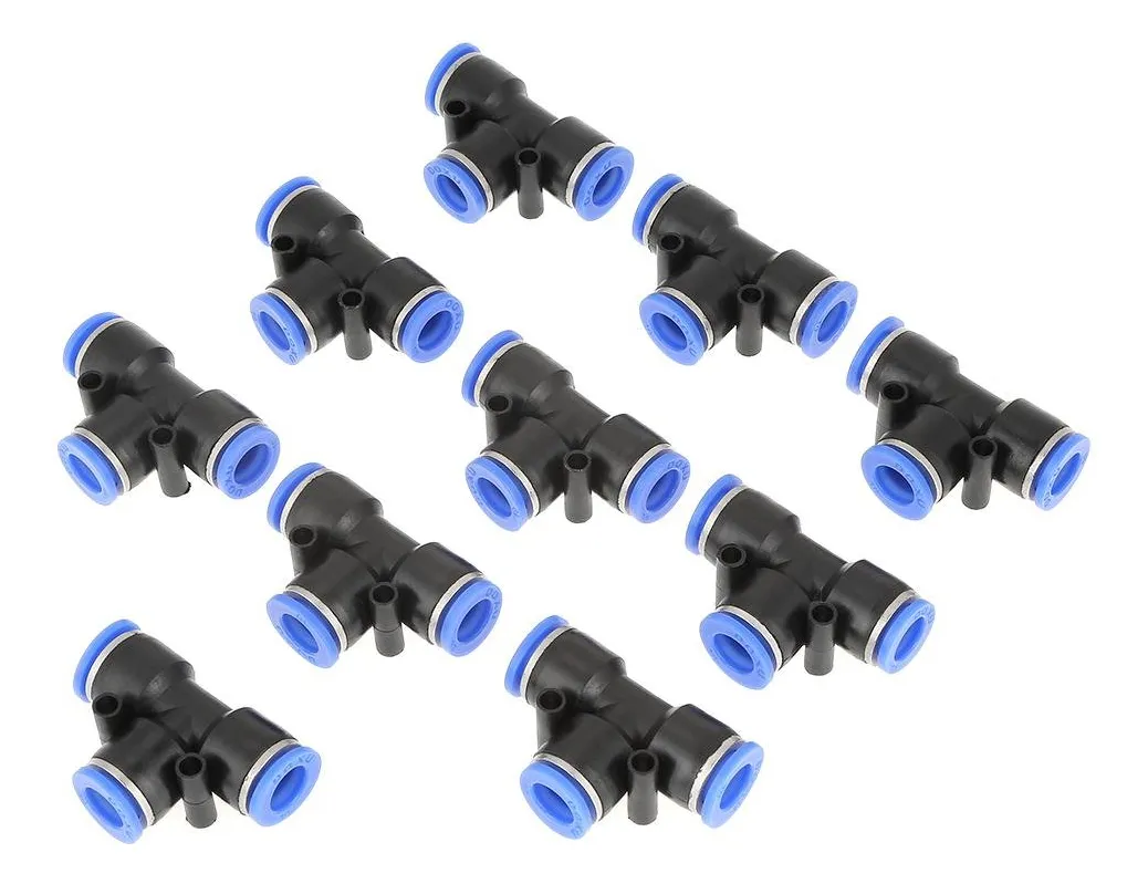 10 Piezas Conexiones Neumáticas 'T' Estilo Un Toque 10mm 3/8 Pulgada - Conector Rápido para Tubería de Aire Comprimido
