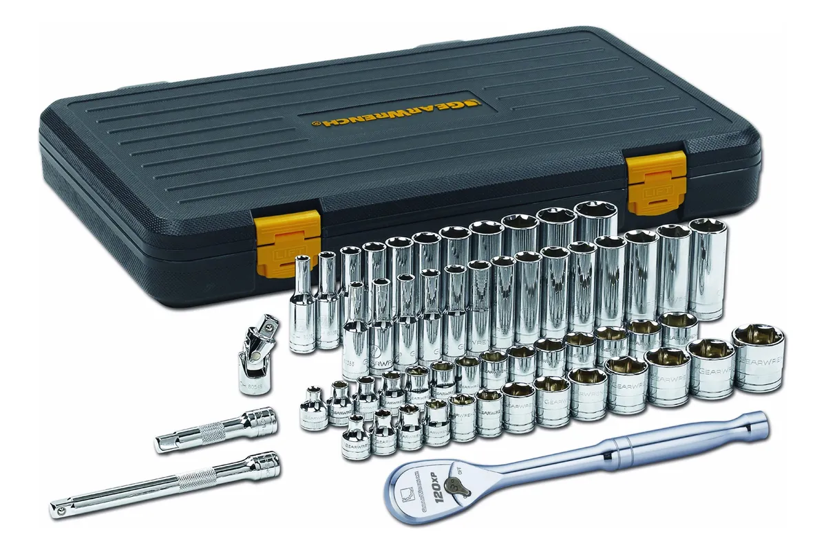 Juego Completo 56 Piezas Dados Estándar y Profundos 3/8 Pulgada Negro y Plata para Mecánica y Reparación Profesional