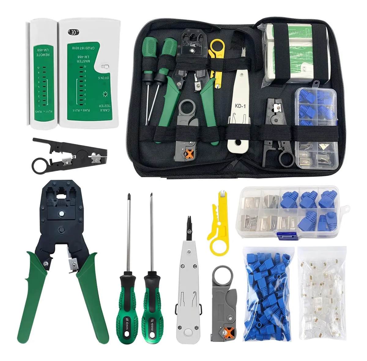 Kit de Herramientas de Red Profesional para Mantenimiento de Cables y Redes Ethernet - Herramienta de Crimpadora RJ45, Probador de Cables, Pelacables, y Accesorios - Color Verde Eléctrico