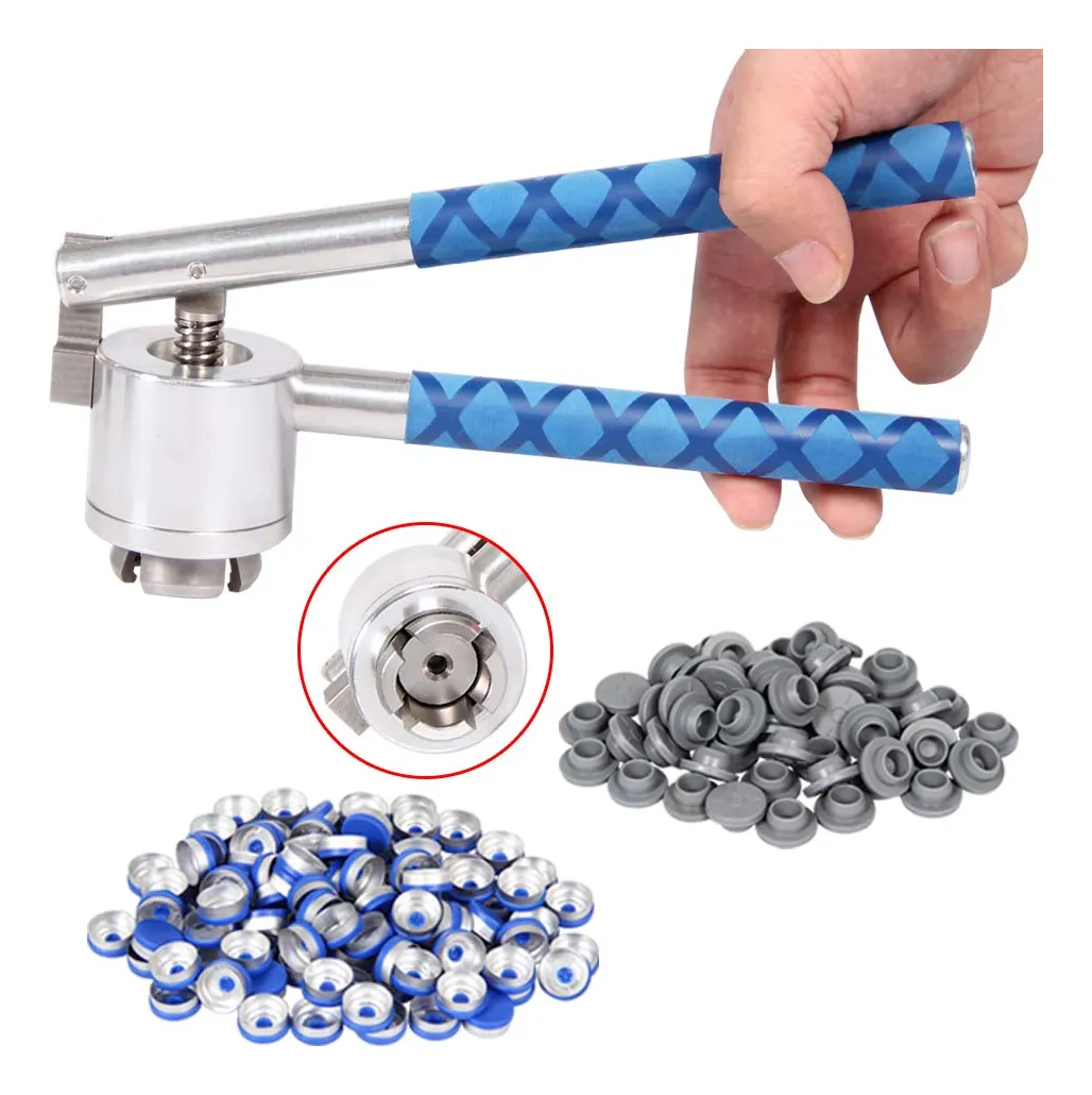 Crimpadora Manual Vial Abatible 100 Tapas Sellado y 100 Tapones Goma para Sellado Profesional Farmacéutico y Laboratorio