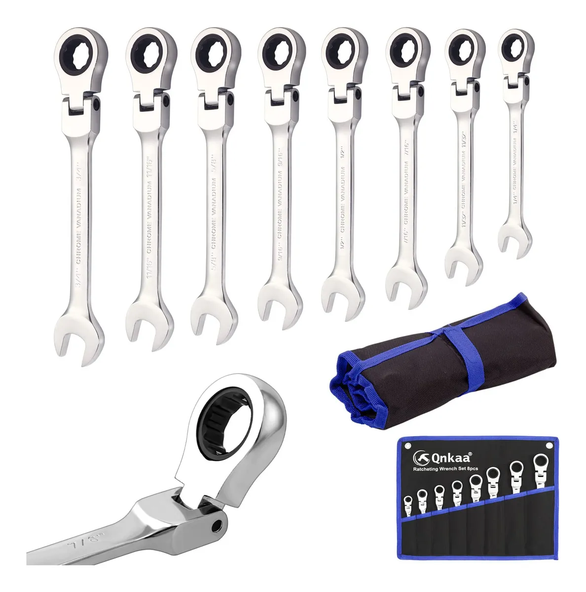 Juego Completo de 8 Llaves de Carraca Flexibles SAE Estándar | Herramientas Profesionales para Mecánica Automotriz y Reparaciones | Diseño Ergonómico y Duradero