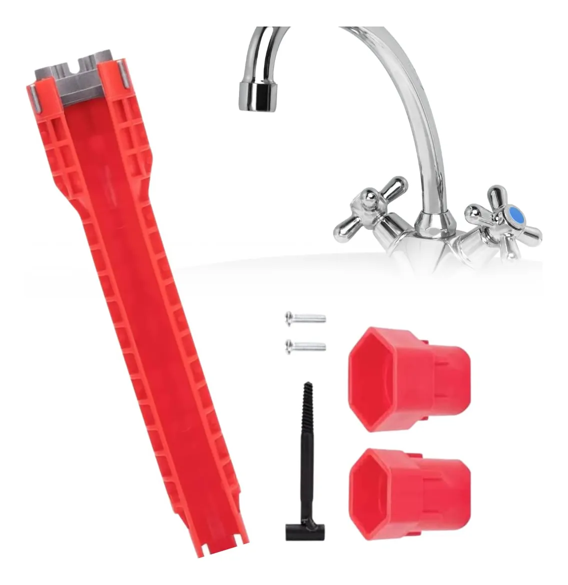 Llave Multifunción Profesional para Instalación de Grifos y Fregaderos - Diseño Ergonómico Rojo para Fontanería Doméstica y Profesional - Herramienta Esencial para Fontaneros