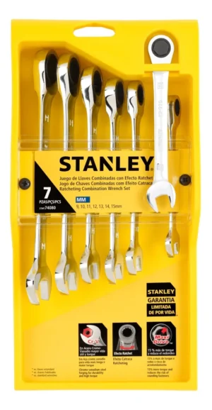 Juego 7 Llaves Combinadas Tipo Ratchet Stanley STMT74080 | Herramienta Manual Profesional para Reparaciones y Mantenimiento | Juego Completo de Llaves de Cromo Vanadio de Alta Resistencia
