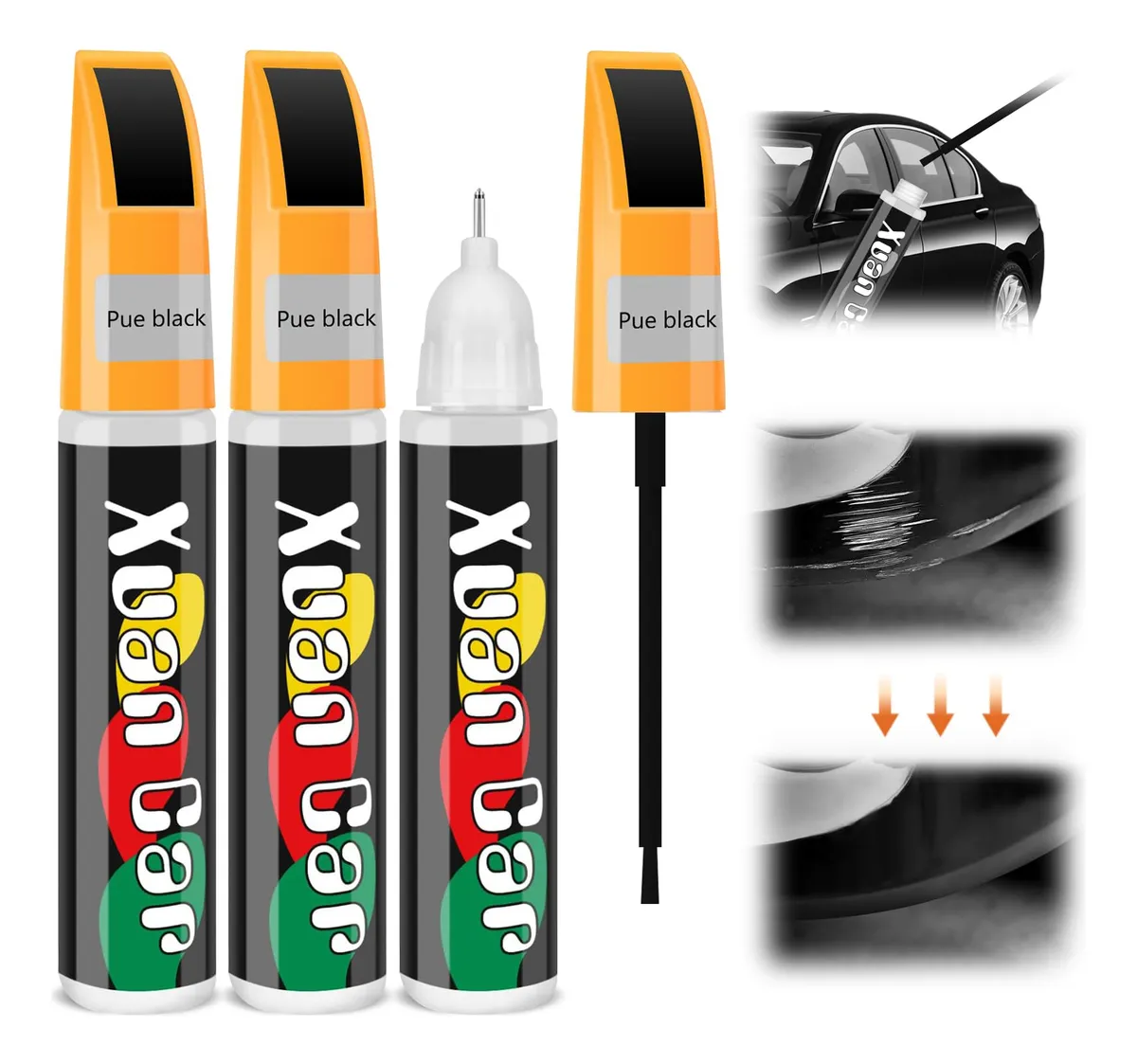 Bolígrafo Pintura Retoque Automotriz Negro Profesional - Kit 3 Unidades para Restauración y Reparación de Rayones y Marcas de Pintura en Coches