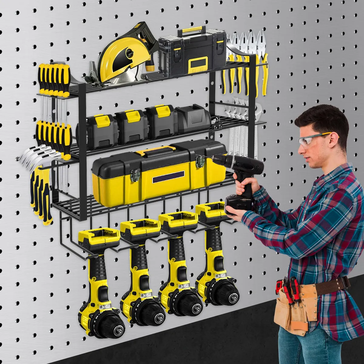 Organizador de Herramientas Eléctricas 4 Capas Duradero y Resistente - Soporte de Pared para Taller y Garaje - Almacenamiento Eficiente y Ordenado