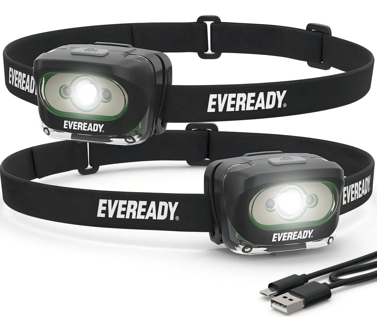 2 Faros LED Recargables Eveready | IPX4 Resistente al Agua | Ideales para Emergencias, Correr, Acampar y Tareas | Iluminación Potente y Duradera