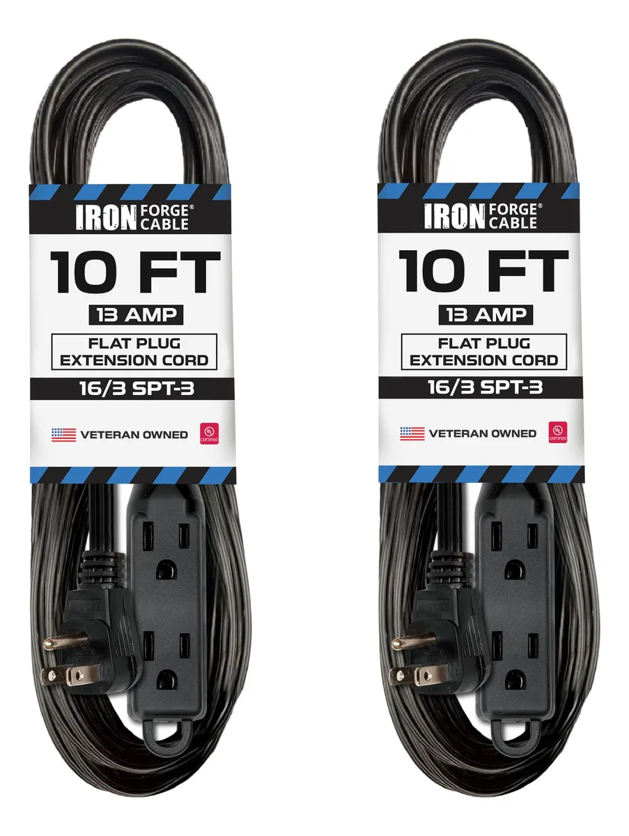 2 Cables de Extensión Eléctrica de 10 Pies con 3 Tomas de Corriente, Paquete Doble Negro - Solución de Energía Versátil y Segura para el Hogar y la Oficina
