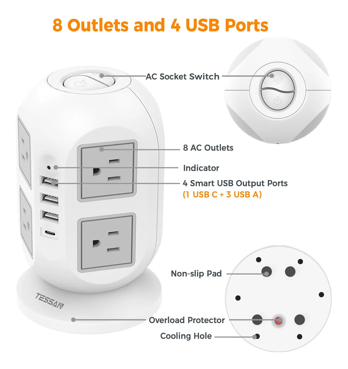 Regleta Torre Multicontacto con 8 Salidas Eléctricas y 4 Puertos USB ...