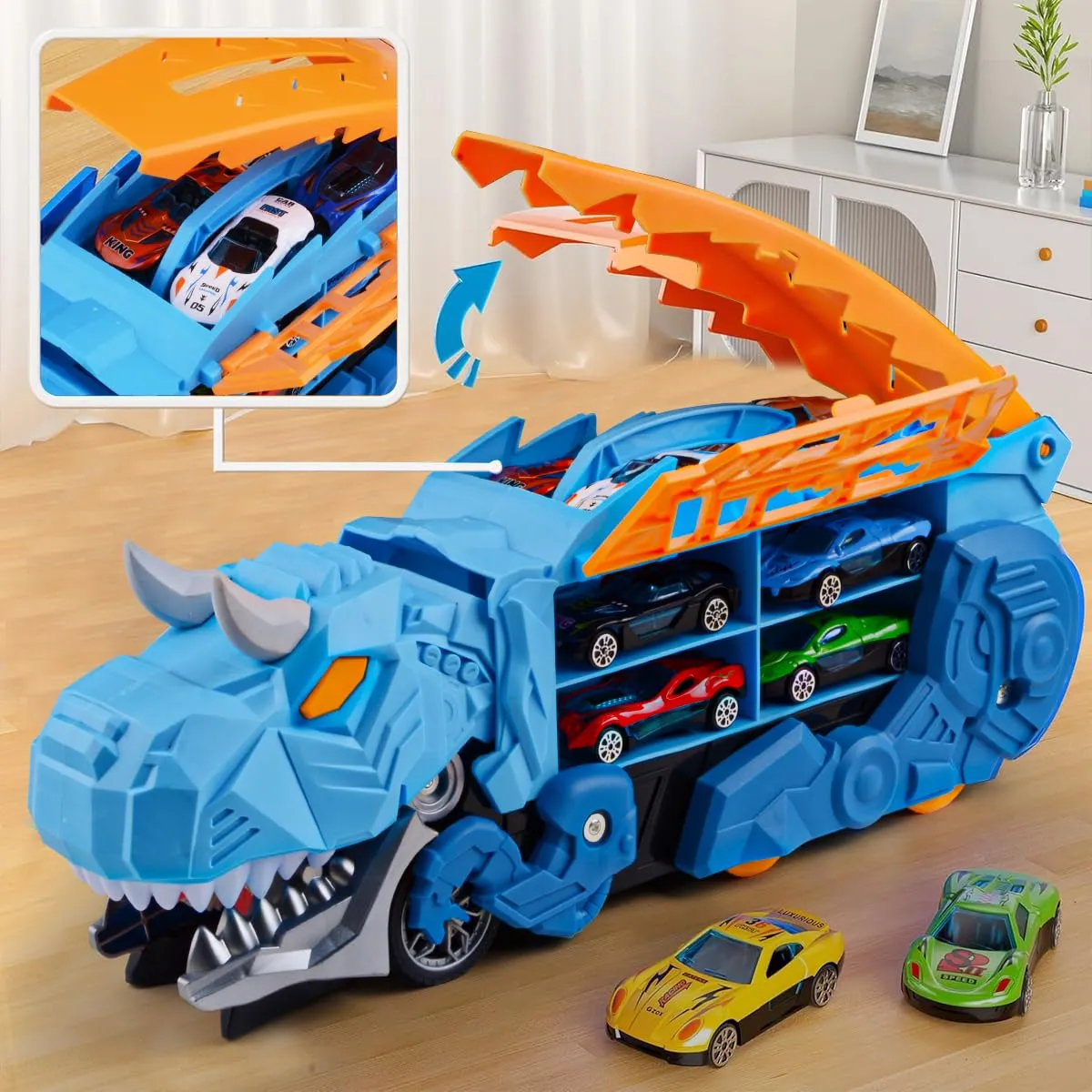 Camión Juguete De Dinosaurio Con Pista Plegable Y 6 Autos Dino – Set De Carreras Para Niños De 3 A 7 Años (Luces Y Sonidos)