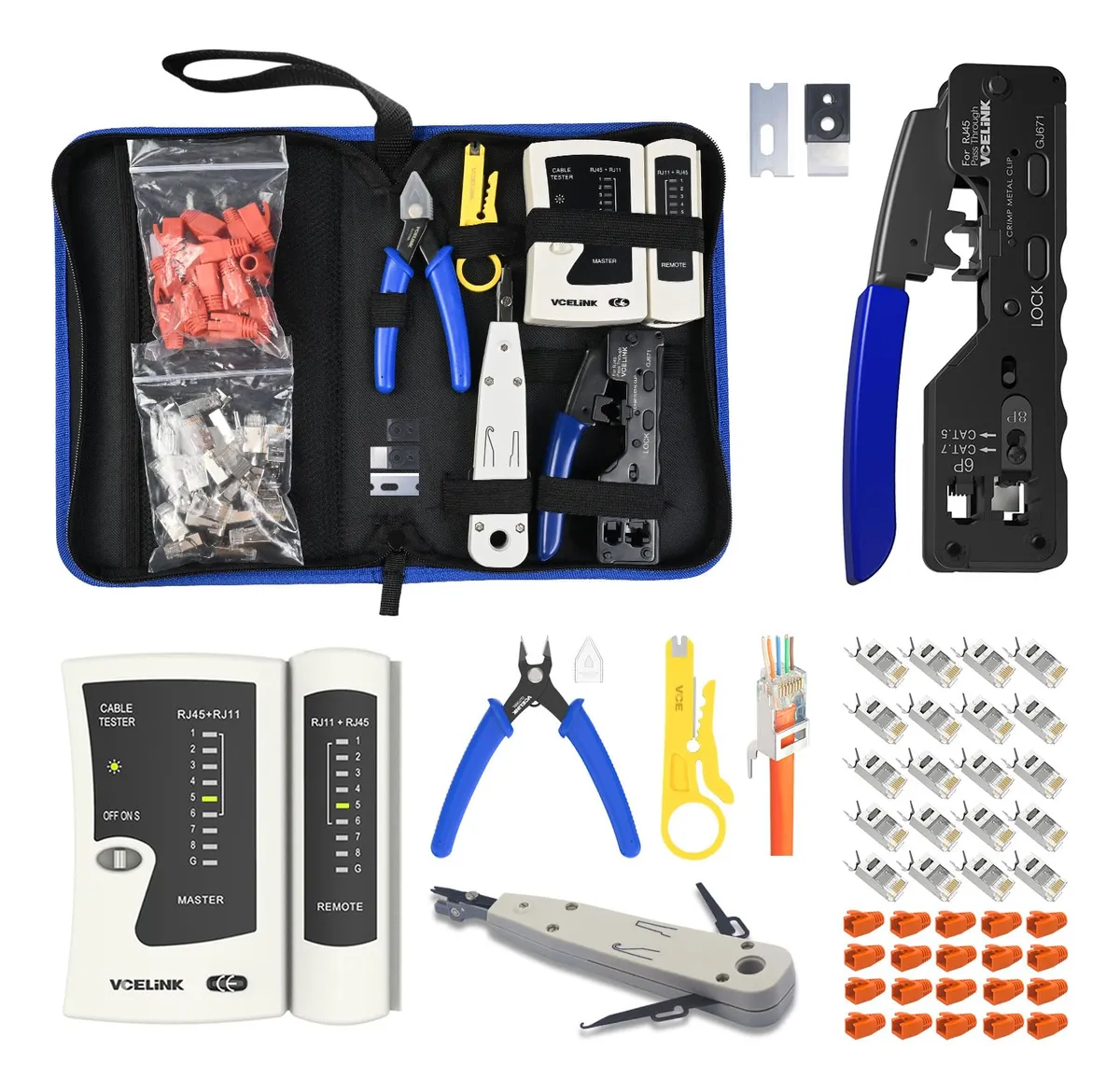 Kit Completo Crimpadora RJ45 Cat6 y Cat7 con Probador de Cables - Herramientas Profesionales para Redes Ethernet y Conexiones de Datos Seguras
