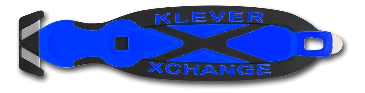 Cortador de Seguridad Klever X-Change Negro Azul: Navaja de Cinta de Embalaje Ergonómica para Apertura Segura y Eficiente de Cajas y Paquetes