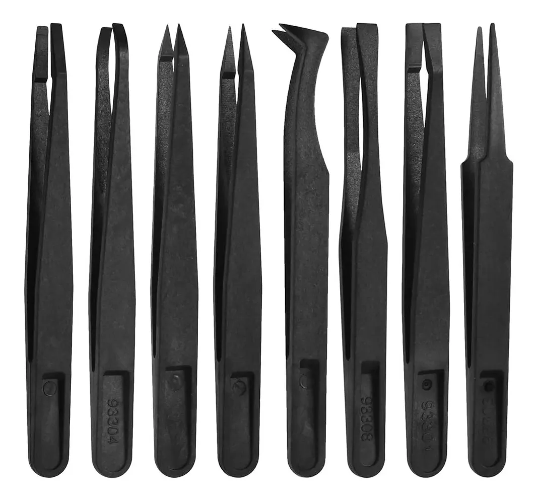 Juego de Pinzas de Precisión Plásticas Multifuncionales 8 Piezas - Herramientas Esenciales para Manualidades, Electrónica y Reparaciones Detalladas