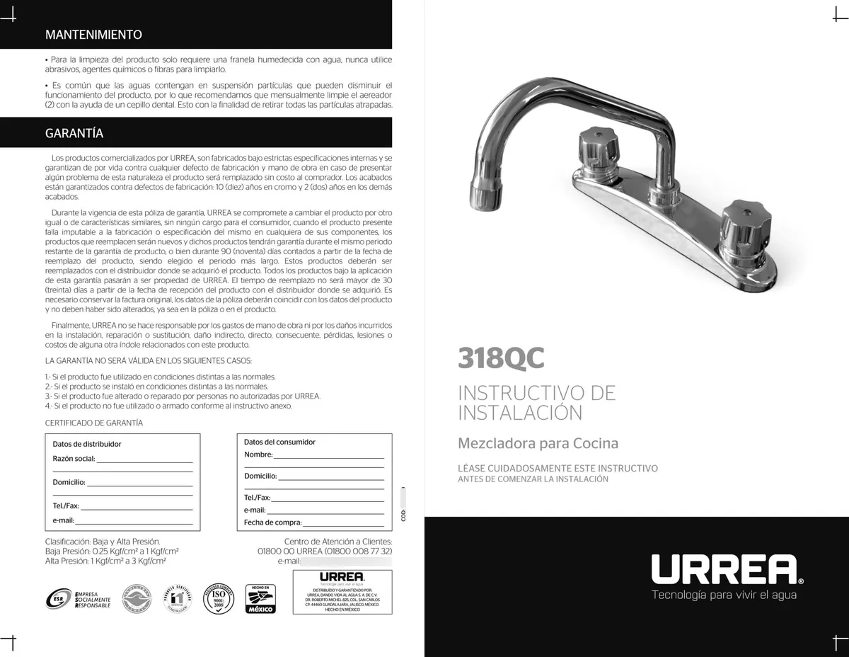 Marca Urrea Mezcladora Para Fregadero Urrea 318qc Mezcladora Para Cocina Urrea 318qc De 8" Con Manerales Cromado Grifo  Monomando Duradero Para Fregadero