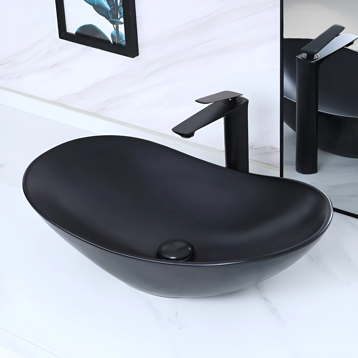 Fregadero de Baño Ovalado Negro Mate de Cerámica | Diseño Elegante y Duradero | Acabado Pulido | Ideal para tu Lavabo Moderno