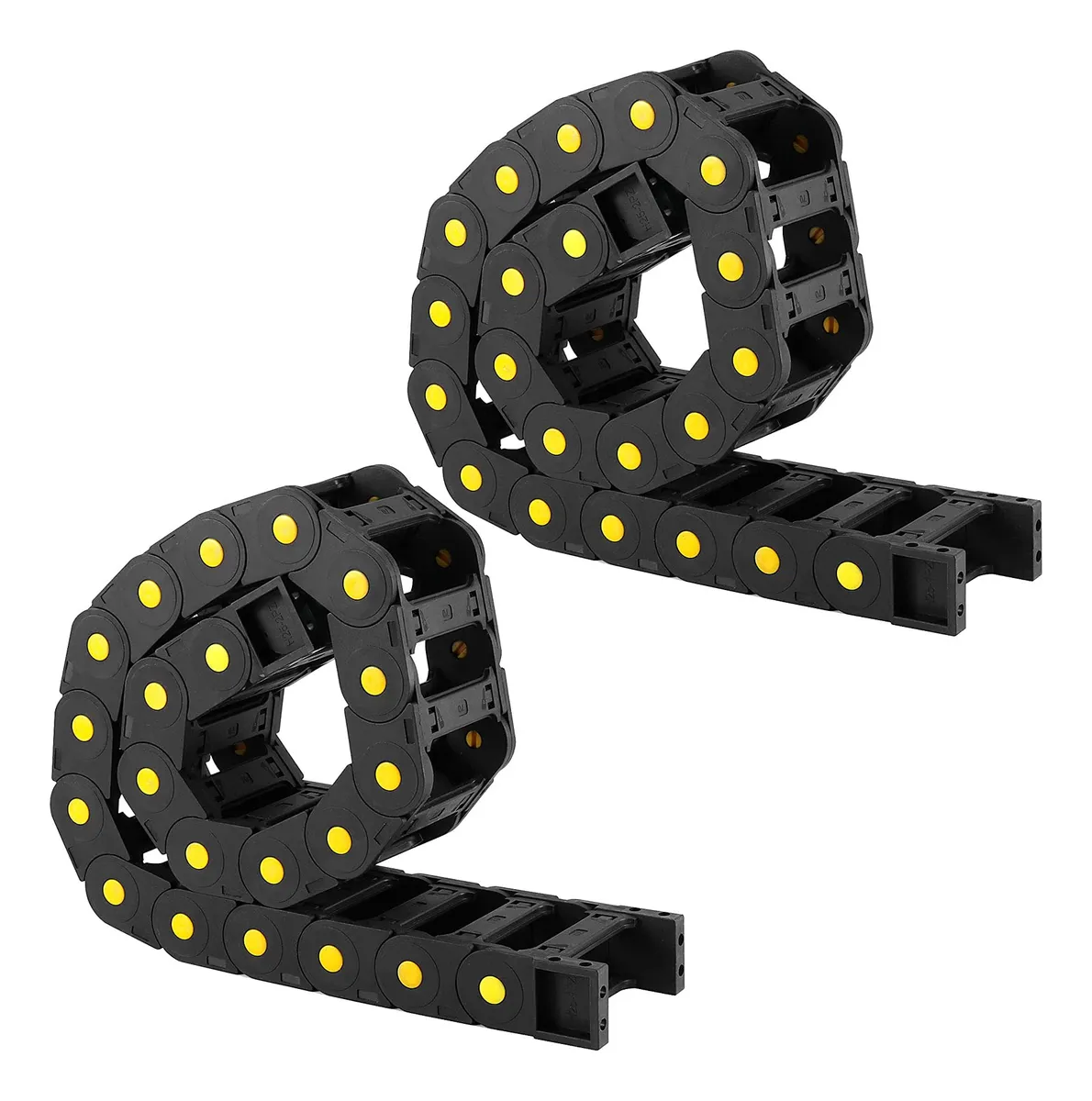 Cadena de Arrastre de Cable Plástico Negro con Punto de Arrastre Amarillo para Guía y Protección de Cables Eléctricos Industriales y de Maquinaria