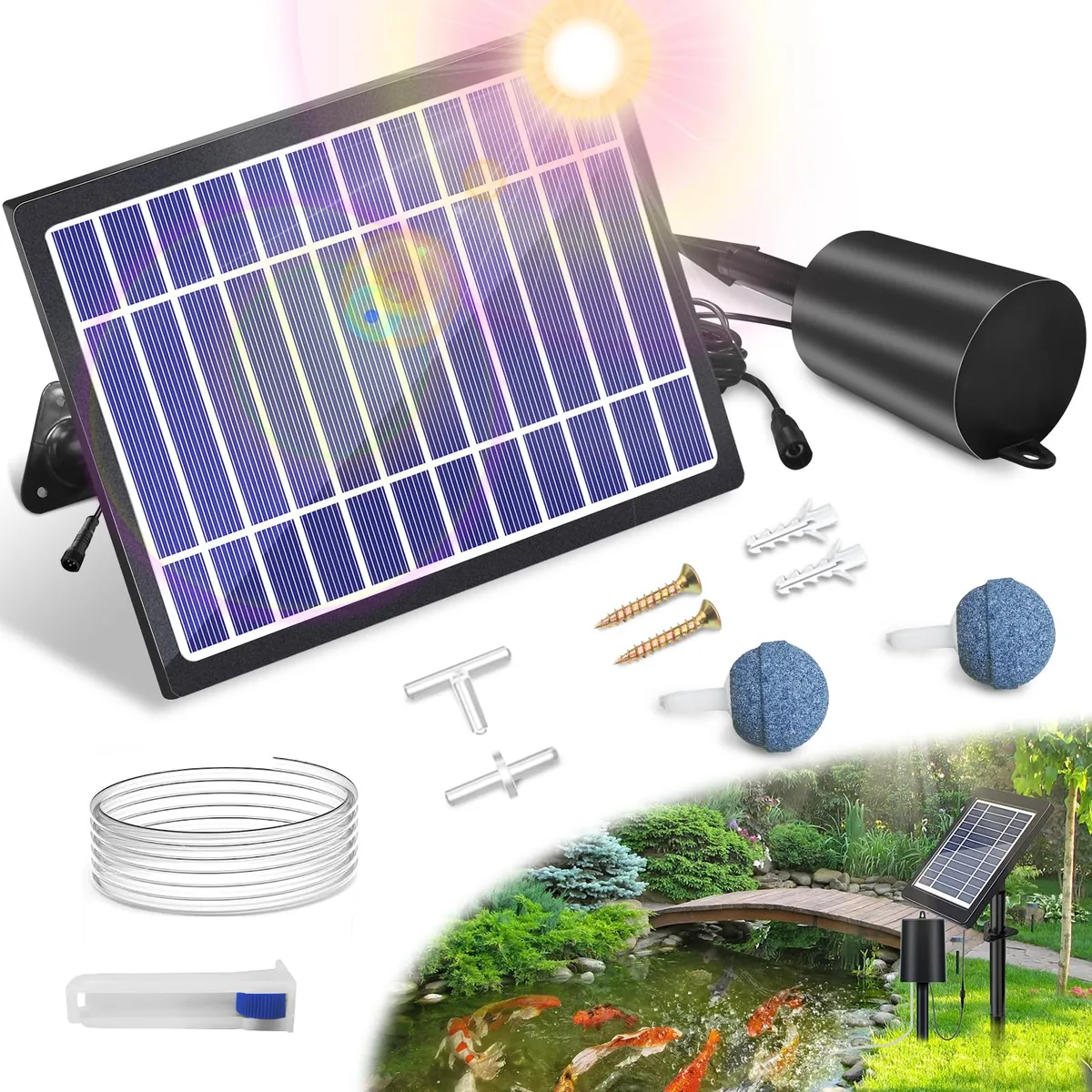 Aireador Solar para Estanques con Bomba de Aire 4W, Batería 2200mAh - Oxigenador Ecológico para Jardín y Acuicultura, Mejora la Calidad del Agua y la Vida Acuática