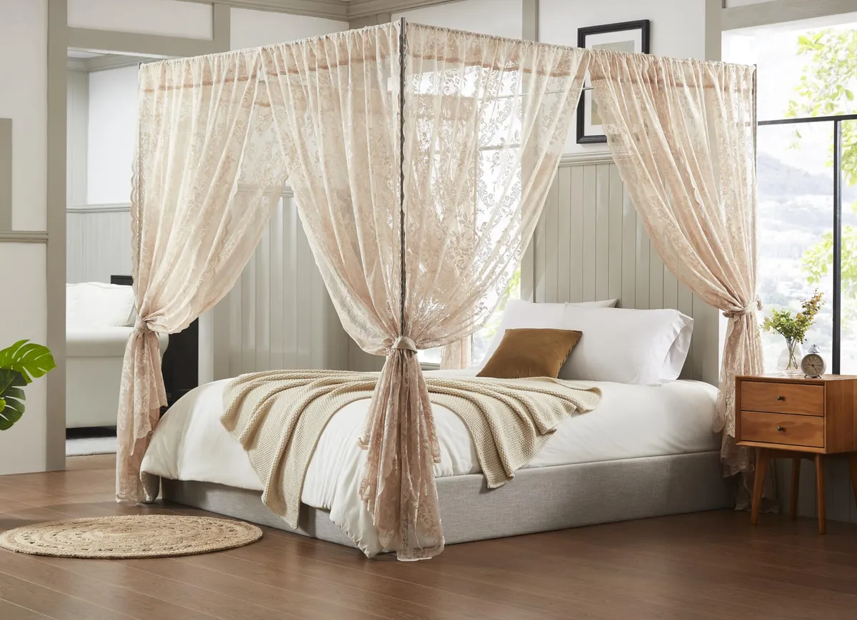 Juego Cortinas Encaje Gótico para Cama Queen | Canopy Elegante y Decorativo | Textil Hogar | Color Oscuro Versátil