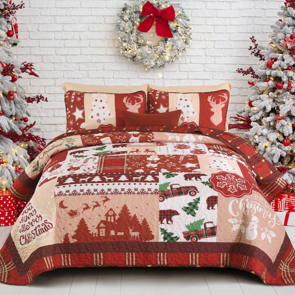 Juego de Edredón Navideño Queen 3 Piezas con Diseño Copos de Nieve Multicolor - Ropa de Cama Festiva y Acogedora para Dormitorio Temático