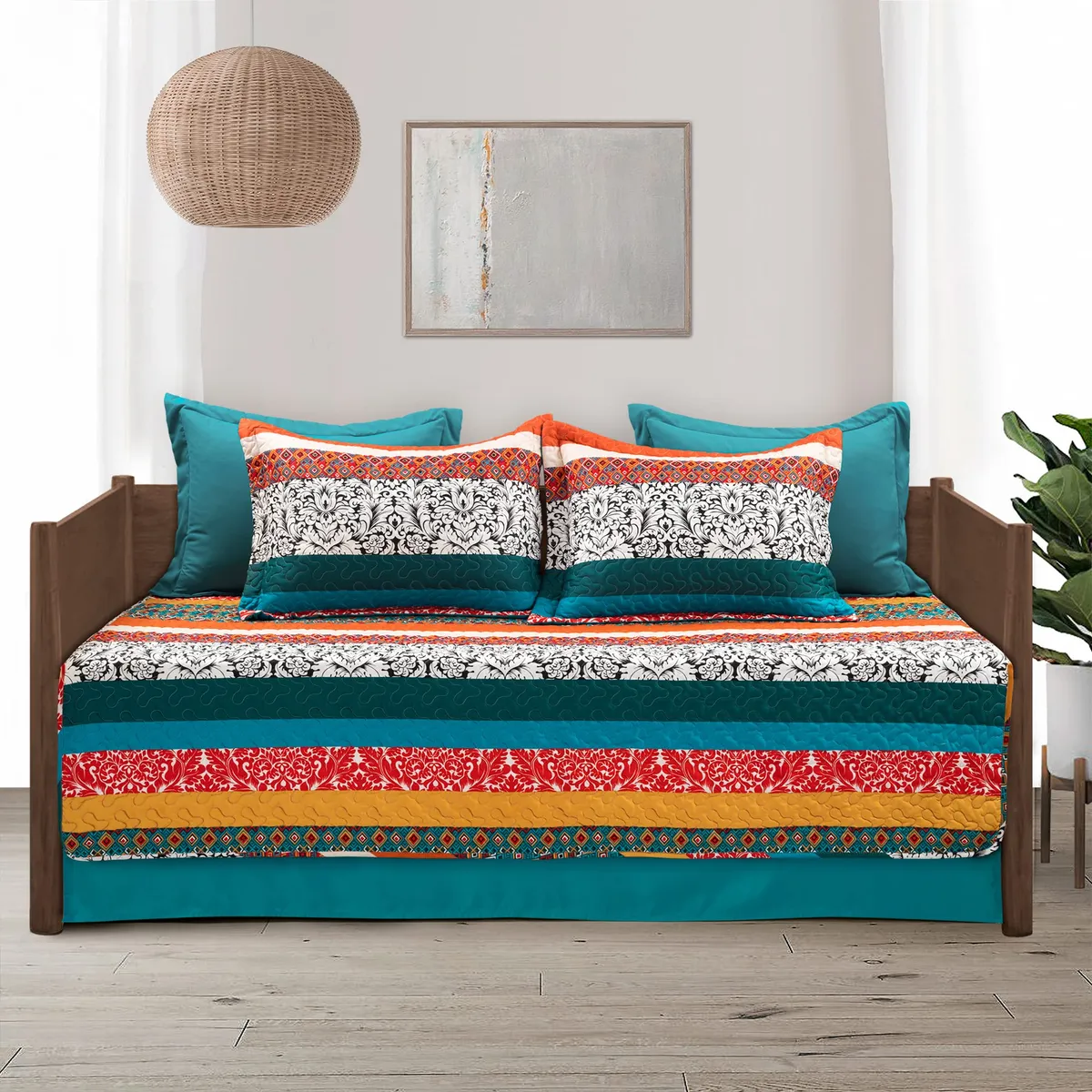 Juego de Funda Acolchada 3 Piezas con Rayas Bohemias Turquesa - Decoración Sofisticada y Cómoda para tu Hogar