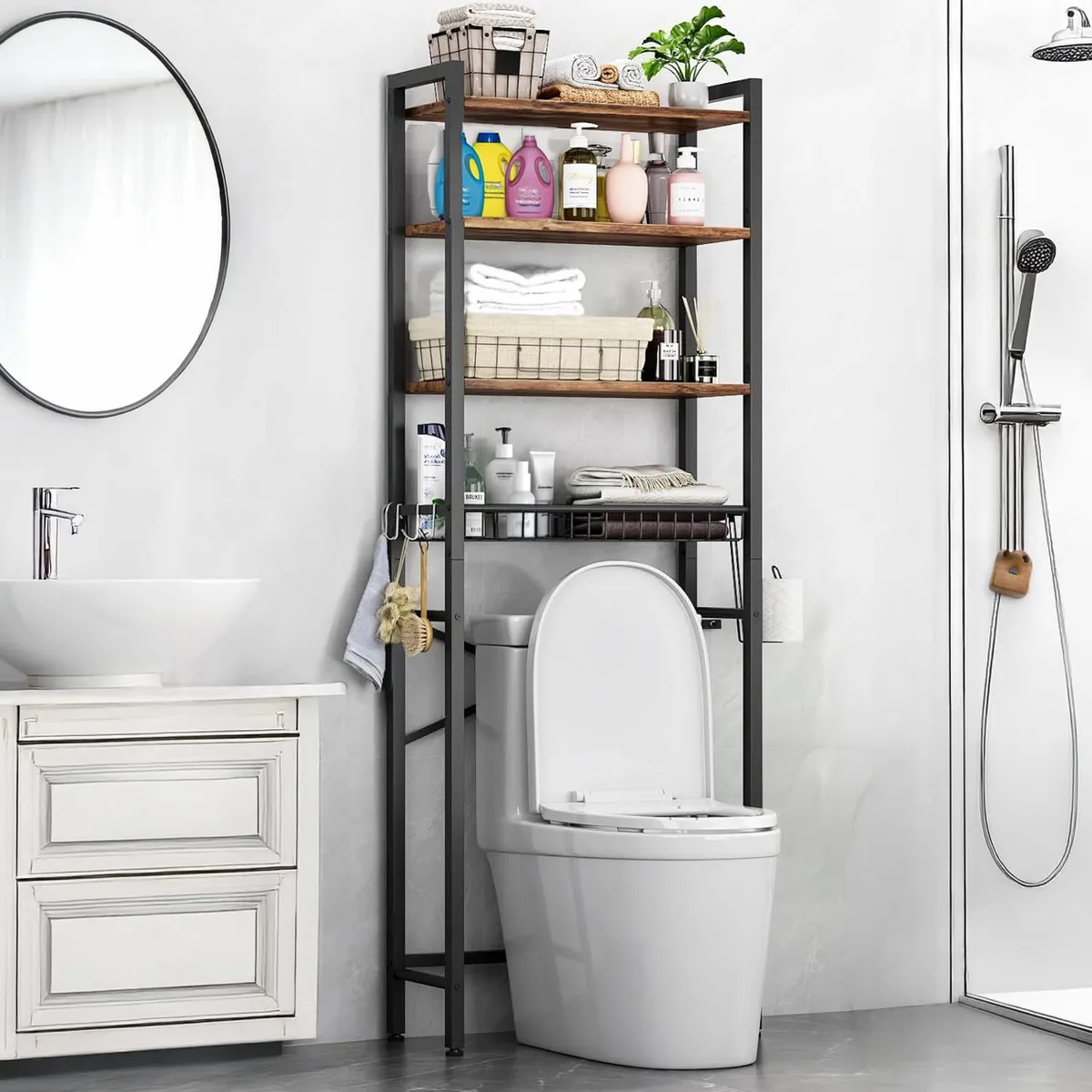 Estantería Organizador de Baño Negro 4 Niveles sobre Inodoro | Ahorra Espacio y Maximiza Almacenamiento | Diseño Moderno y Resistente