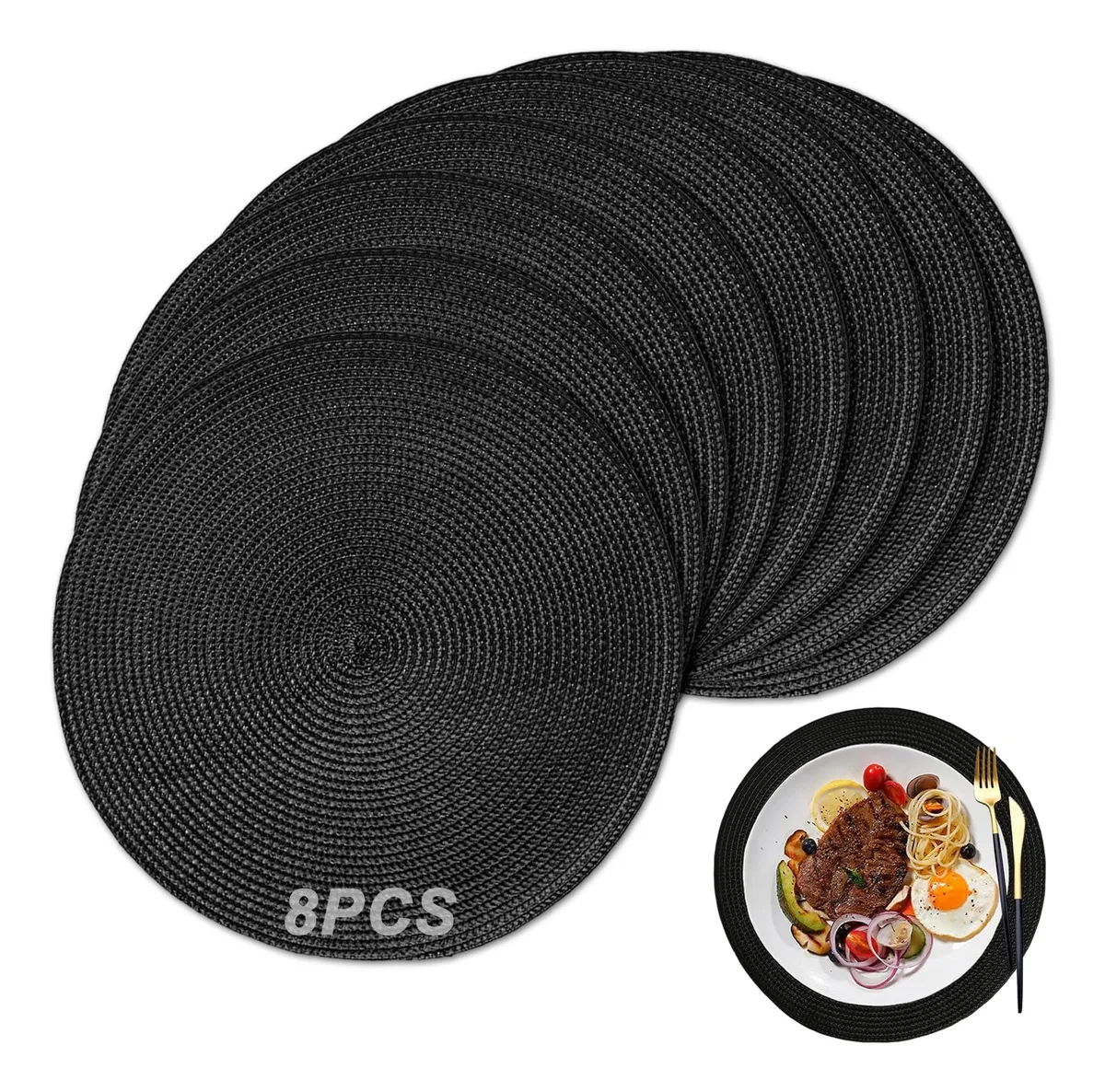 Manteles Individuales Redondos Tejidos 8 Piezas con Posavasos - Elegancia Negra para tu Mesa - Decoración Hogar y Cocina