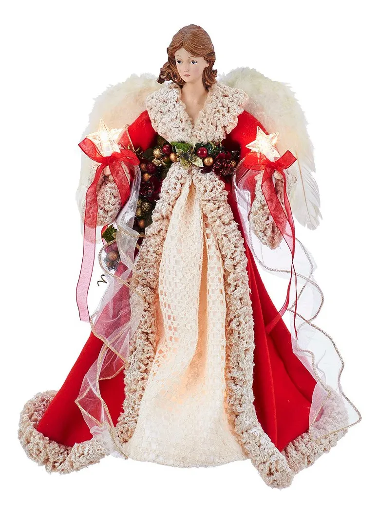 Ángel Decorativo para Copo de Árbol Navideño, Rojo y Marfil con 10 Luces LED Integradas, Altura de 16 Pulgadas, Lente de Color Vibrante para un Toque Festivo Único