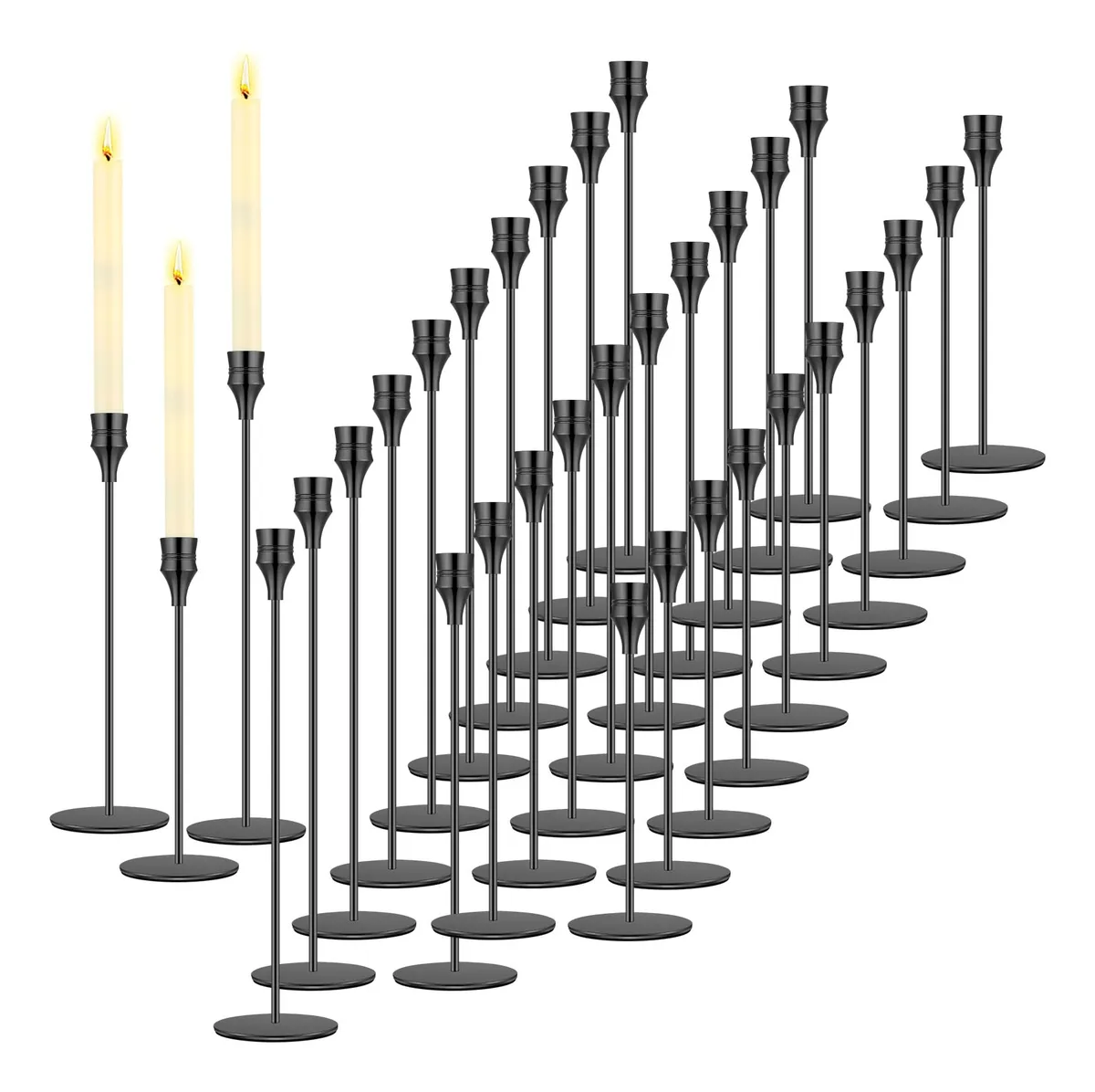 30 Portavelas Cónicos Negros para Velas de Pilar - Elegantes y Duraderos Soportes para Velas Negras para Decoración del Hogar y Eventos