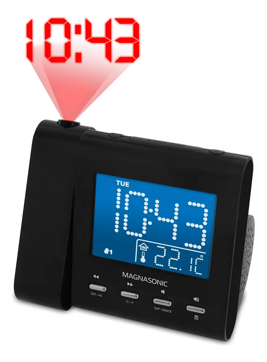 Reloj Despertador Proyector con Radio AM/FM y Doble Alarma Digital - Proyección LED Clara en Techo/Pared - Elegante Diseño Negro Moderno