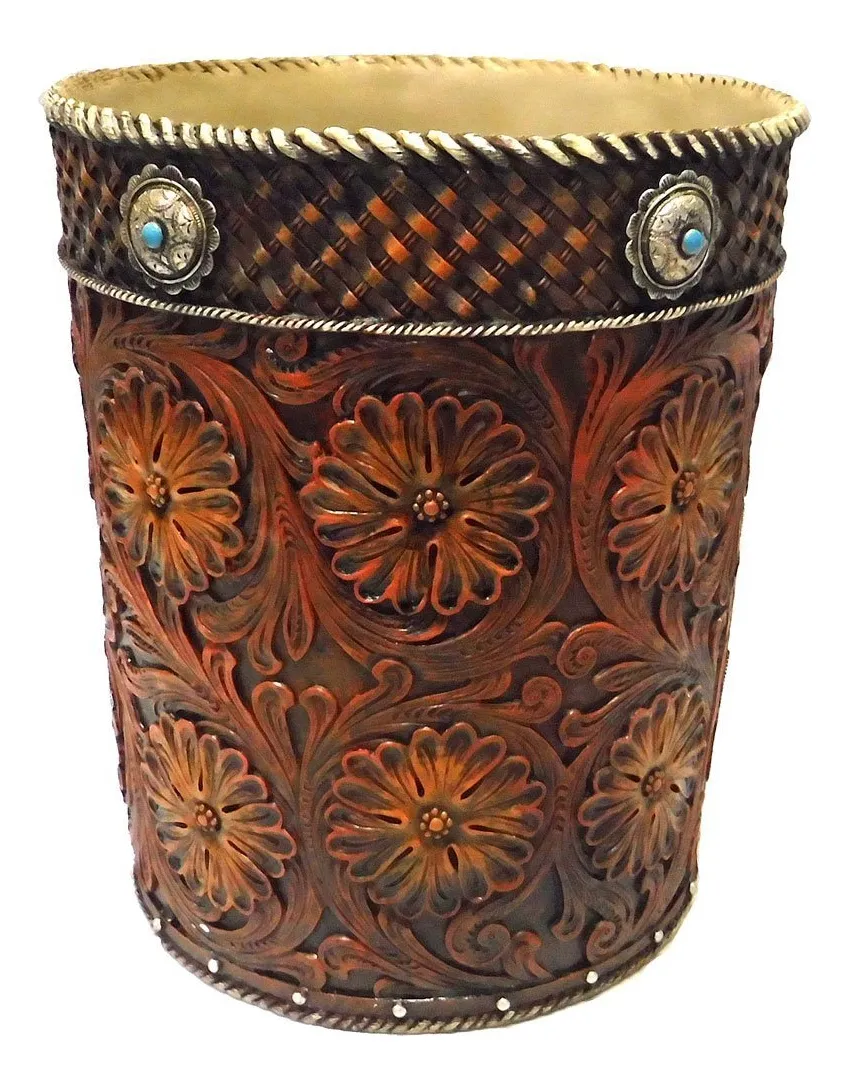 Basurero Decorativo Cuero Sintético con Flores y Conchos - Estilo Rústico y Artesanal | Perfecto para Hogar y Oficina