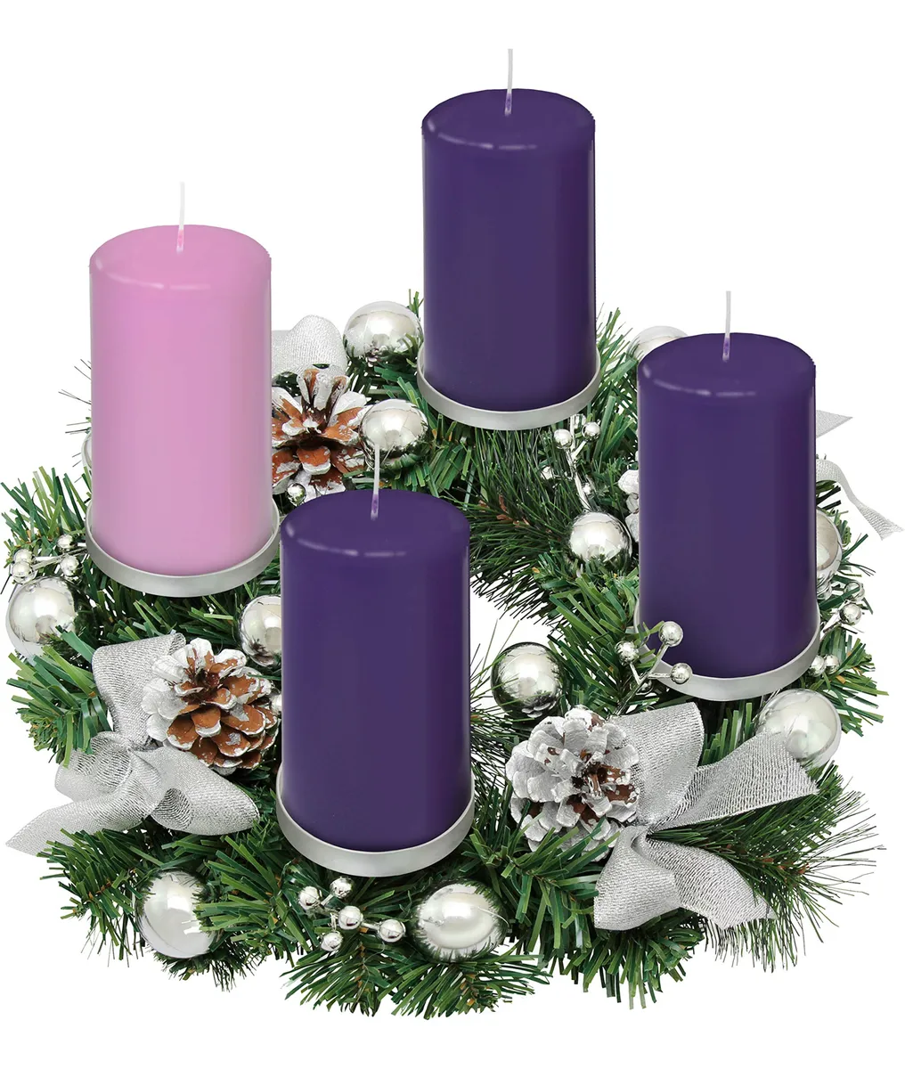 Anillo Corona Adviento con Cinta Plateada para Velas | Decoración Festiva Plata y Morado | Adorno Tradicional para Navidad | Complemento para Velas Navideñas