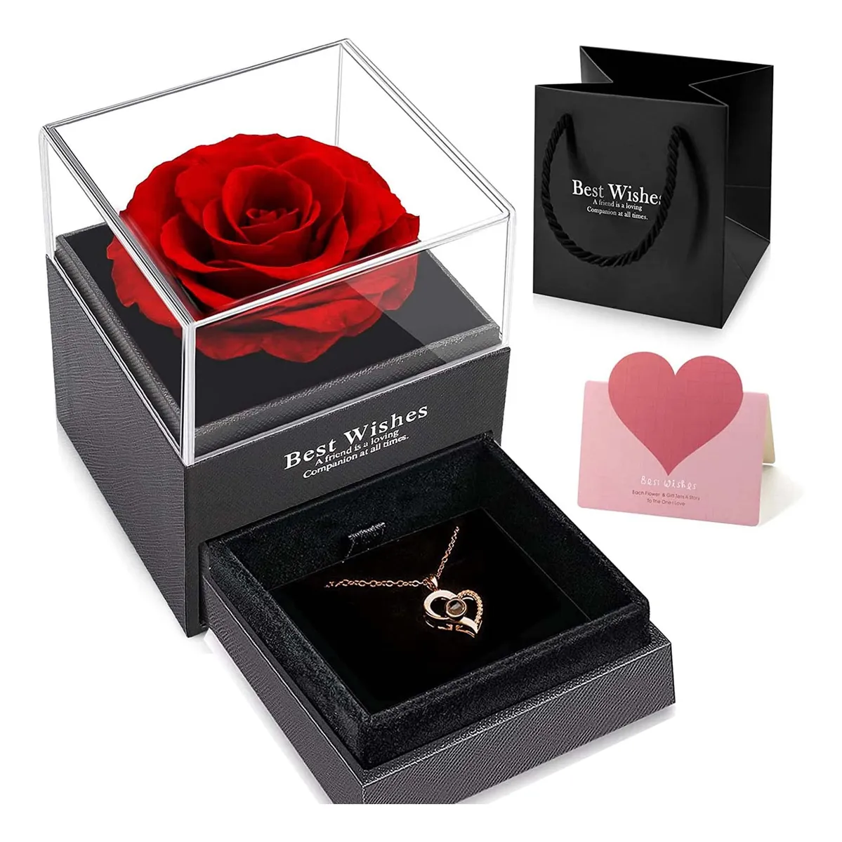 Collar 'I Love You' Proyectado en 100 Idiomas con Rosa Eterna Preservada | Regalo Romántico y Duradero para Mujer | Diseño Elegante en Plata de Ley y Cristal